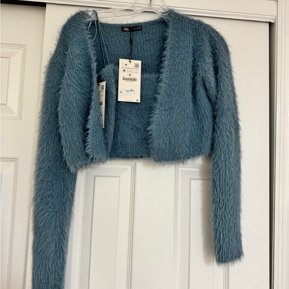 Zara Teal Fuzzy Cropped Cardigan Sweater set